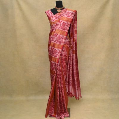 Lotus Pink Printed Kanchi Silk Saree with Stripes Print Design