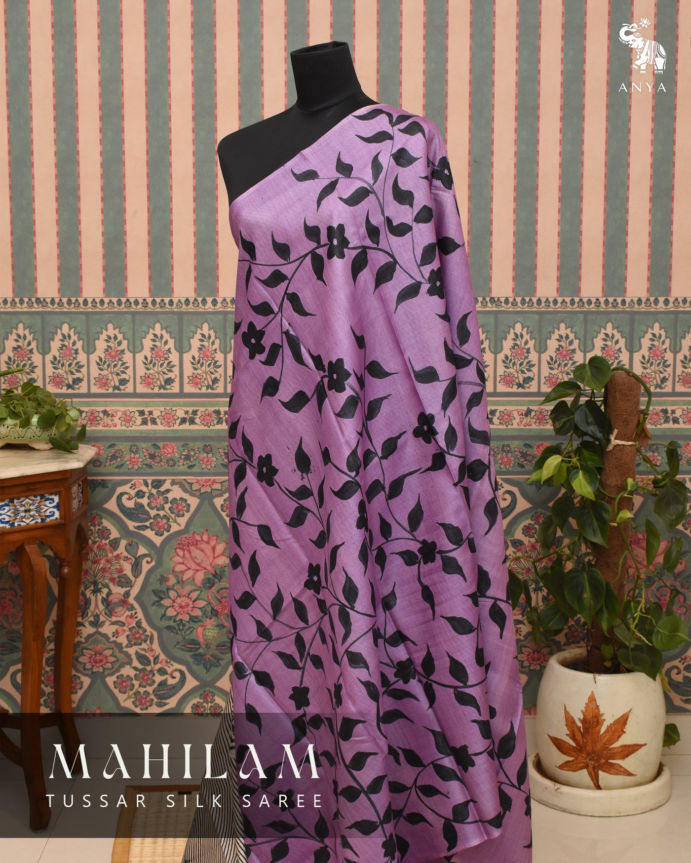 Lavender Tussar Silk Saree with Leaf Painted Design