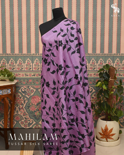 Lavender Tussar Silk Saree with Leaf Painted Design