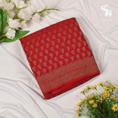 Arakku Thakkali Crepe Banarasi Silk Saree with Zari Butta Design