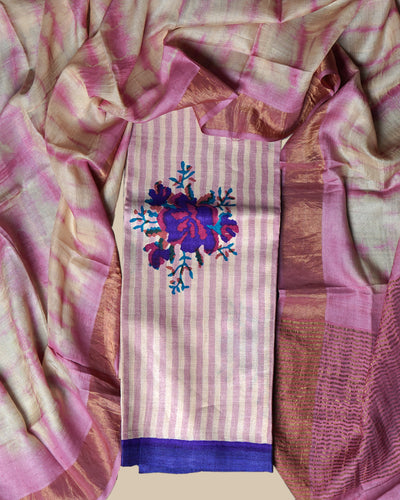 Off White Tussar Silk Salwar with Off White and Pink Shibori Print Dupatta