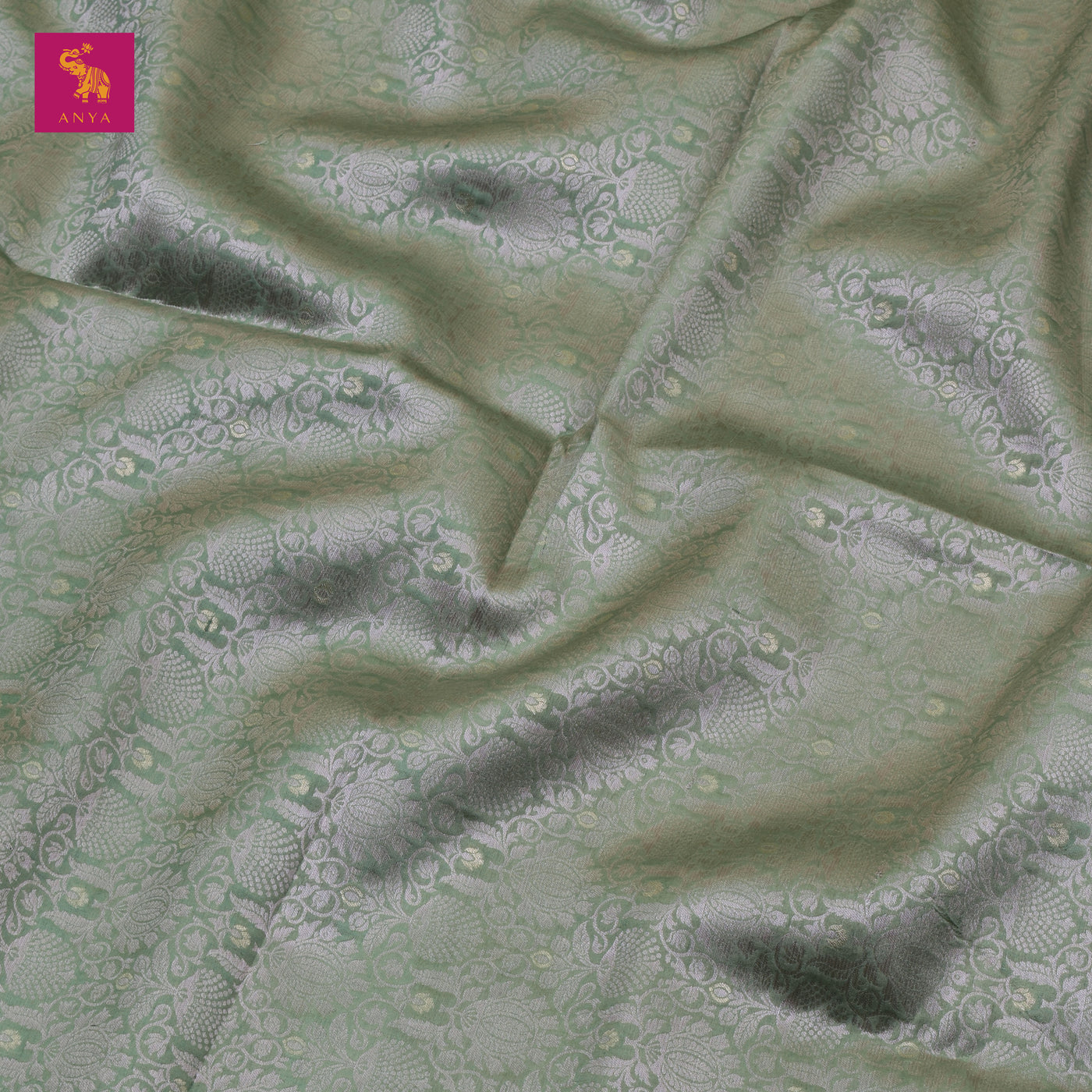 Apple Green Banarasi Silk Fabric with Flower Creeper Design