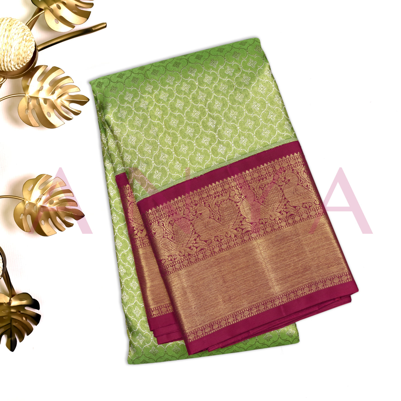 Samangha Green Kanchipuram Silk Saree with Silver Zari Creeper Design