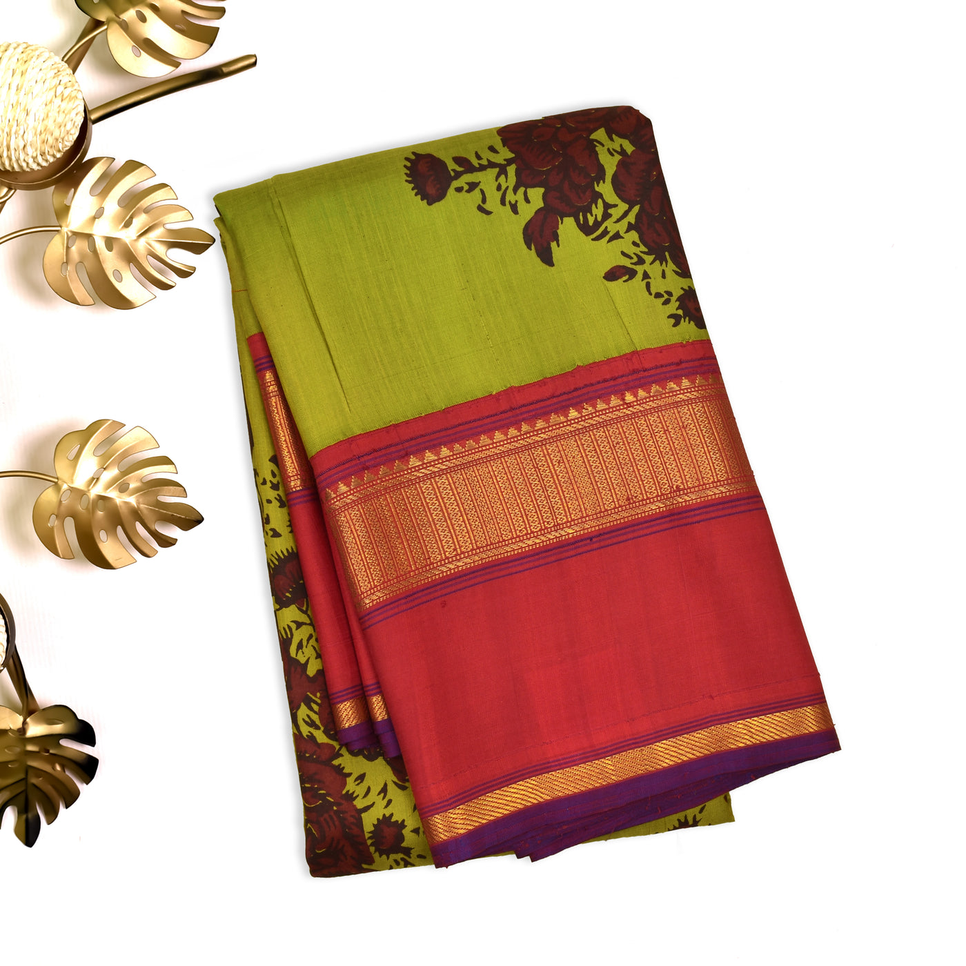Green Printed Kanchi Silk Saree with Floral Printed Design