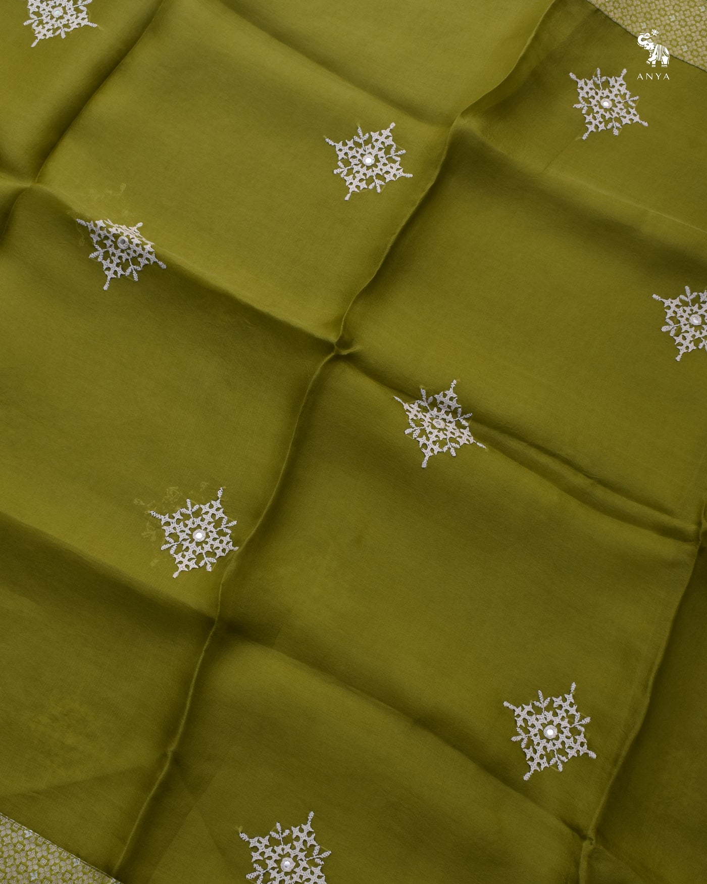 Chutney Green Organza Saree with White Kutch Work Design