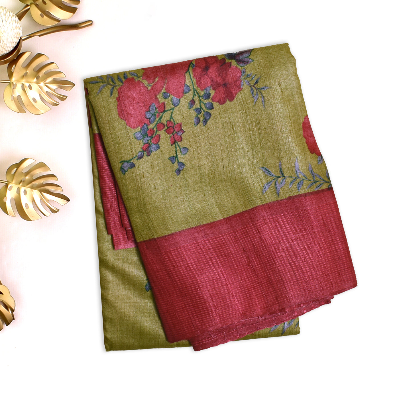 Mehandhi Green Tussar Silk Saree with Floral Printed Design