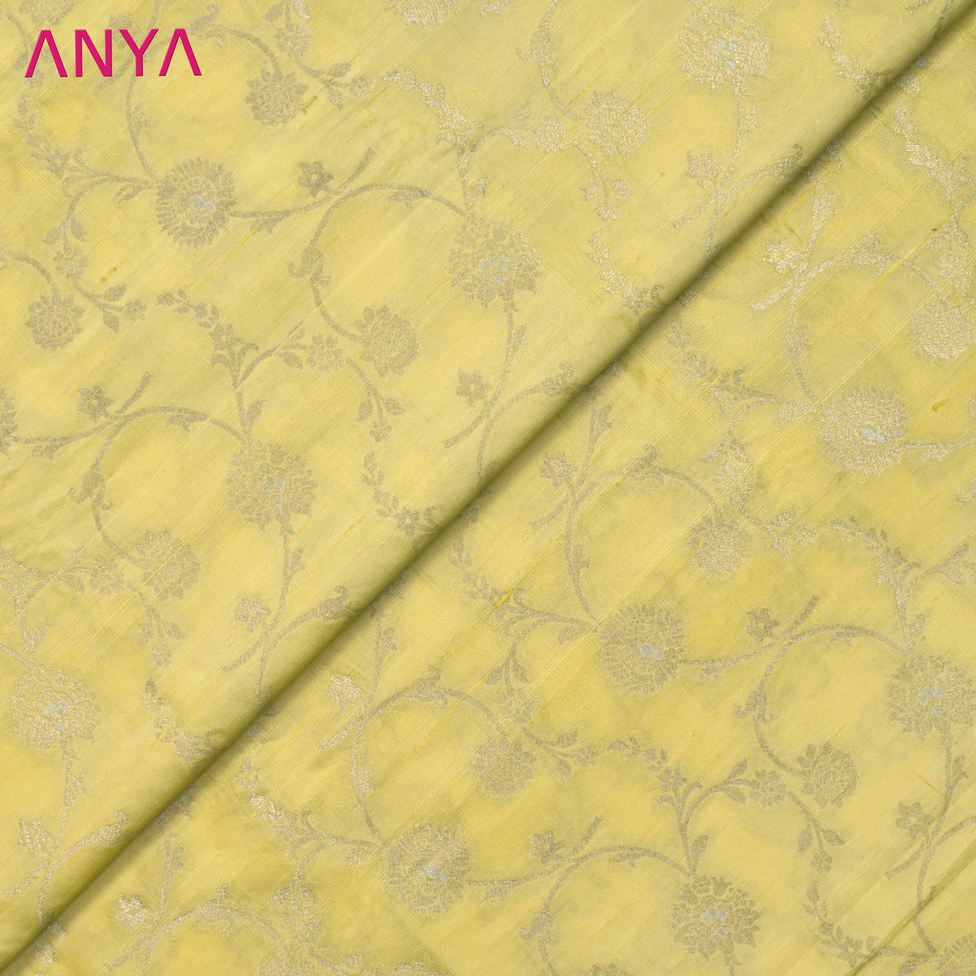 Lemon Yellow Banarasi Silk Fabric with Creeper Design