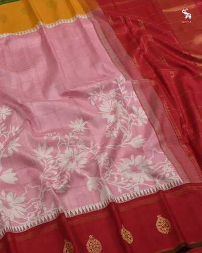 Onion Pink Printed Kanchi Silk Saree with Floral Print Zari Kattam Design