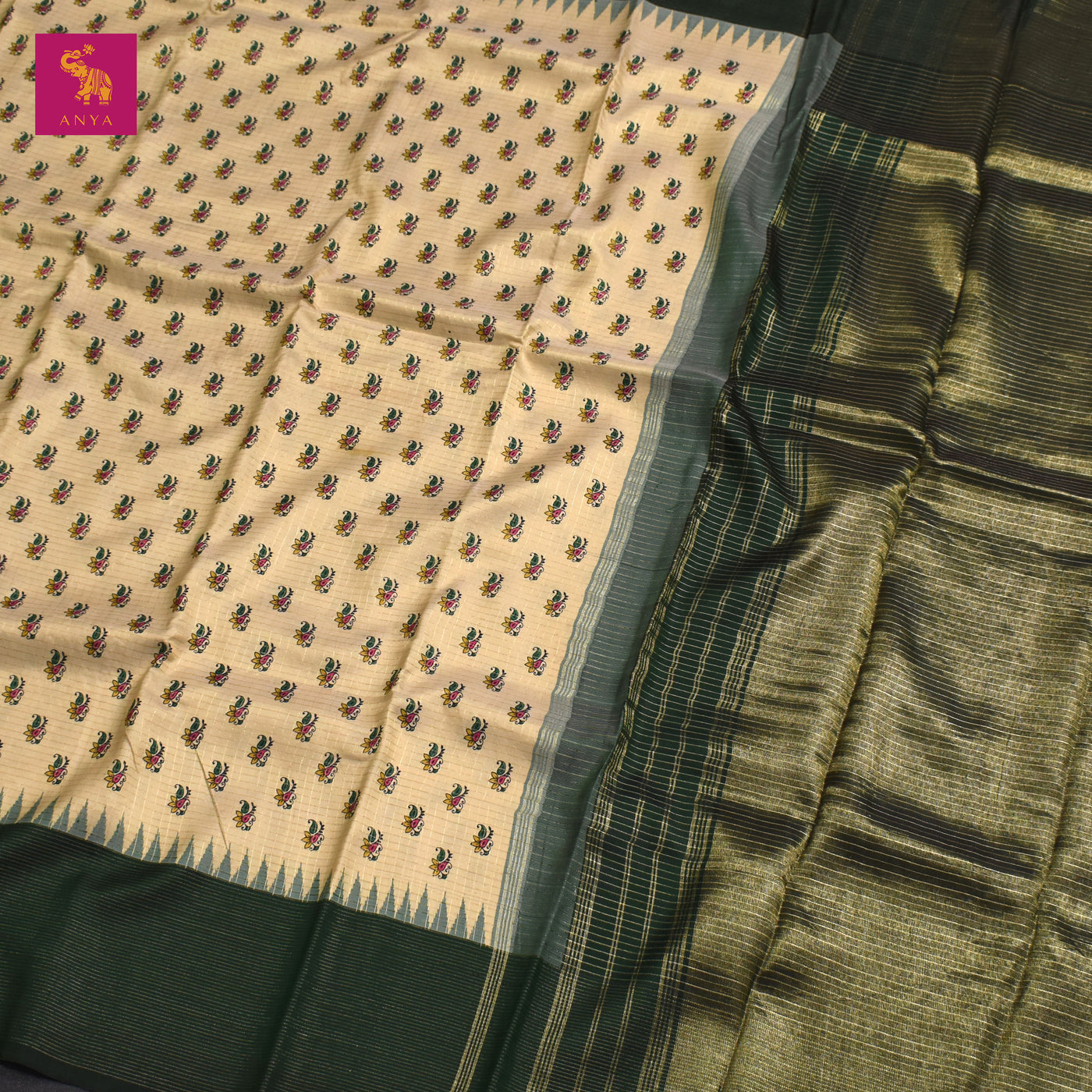 Off White Printed Kanchi Silk Saree with Small Print and Small Zari Checks Design