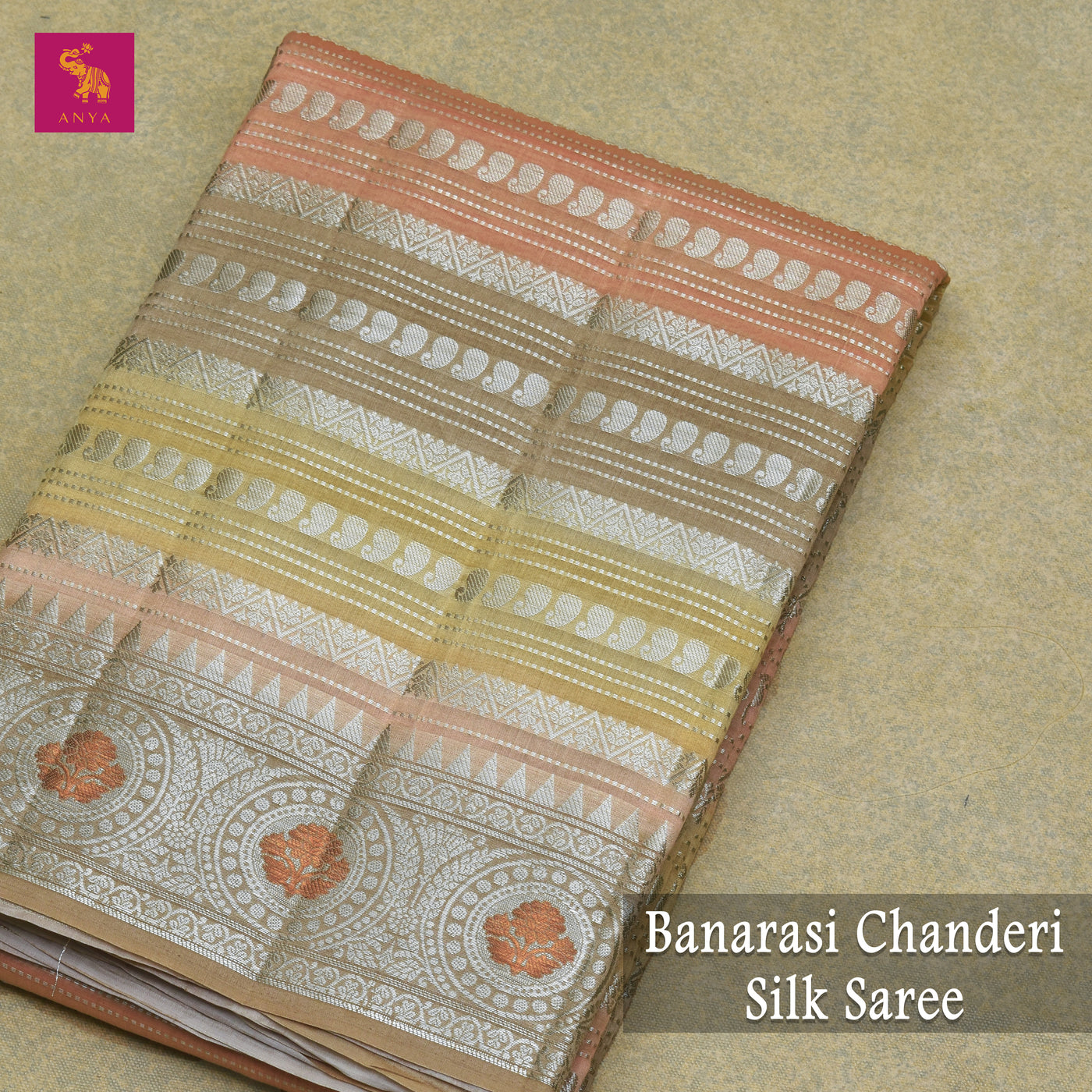 Lime Yellow Banaras Chanderi Silk Saree with Horizontal Stripes Design