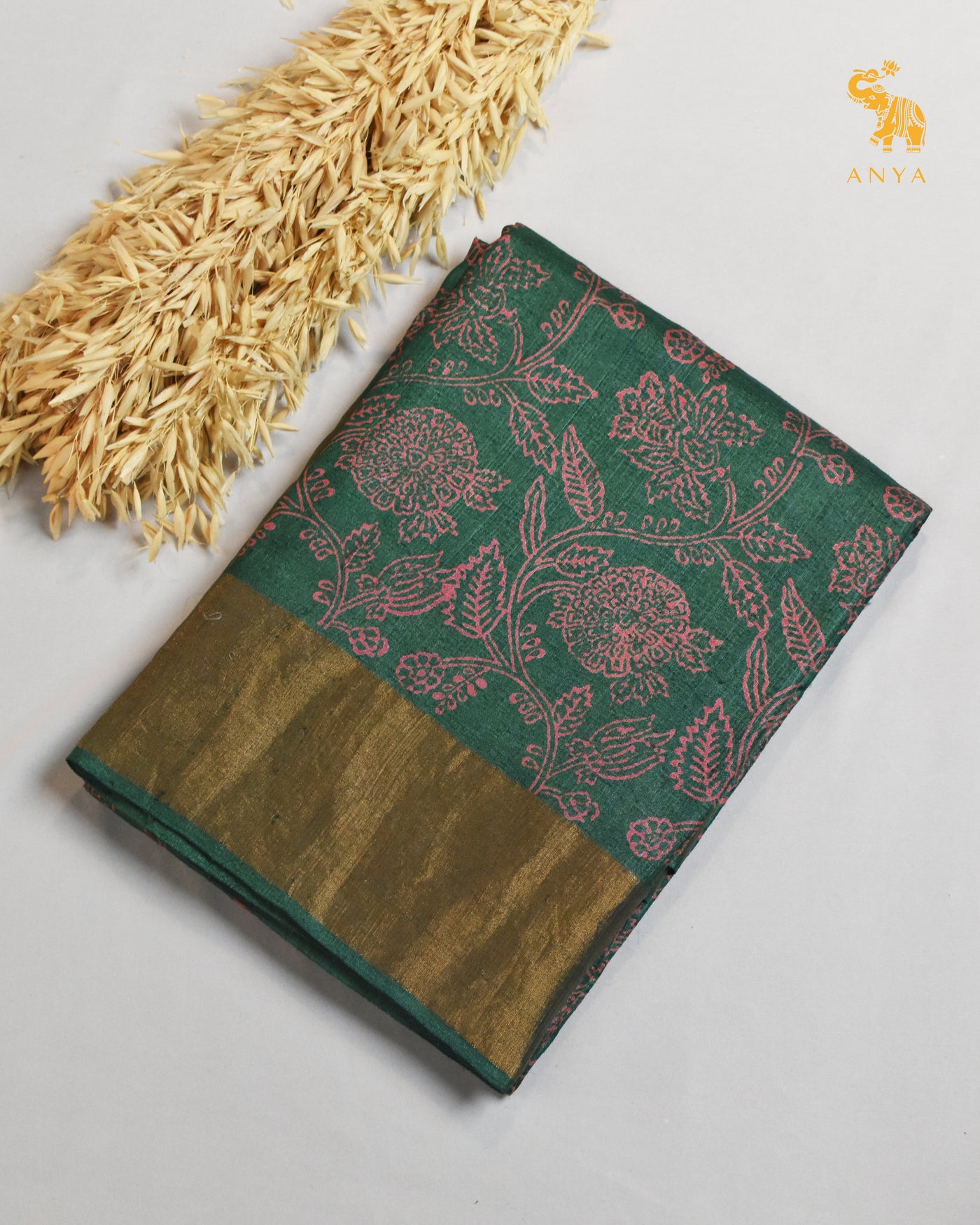 Bottle Green Tussar Silk Saree with Creeper Design