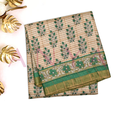 Off White Tussar Silk Saree with Leaf and Checks Design