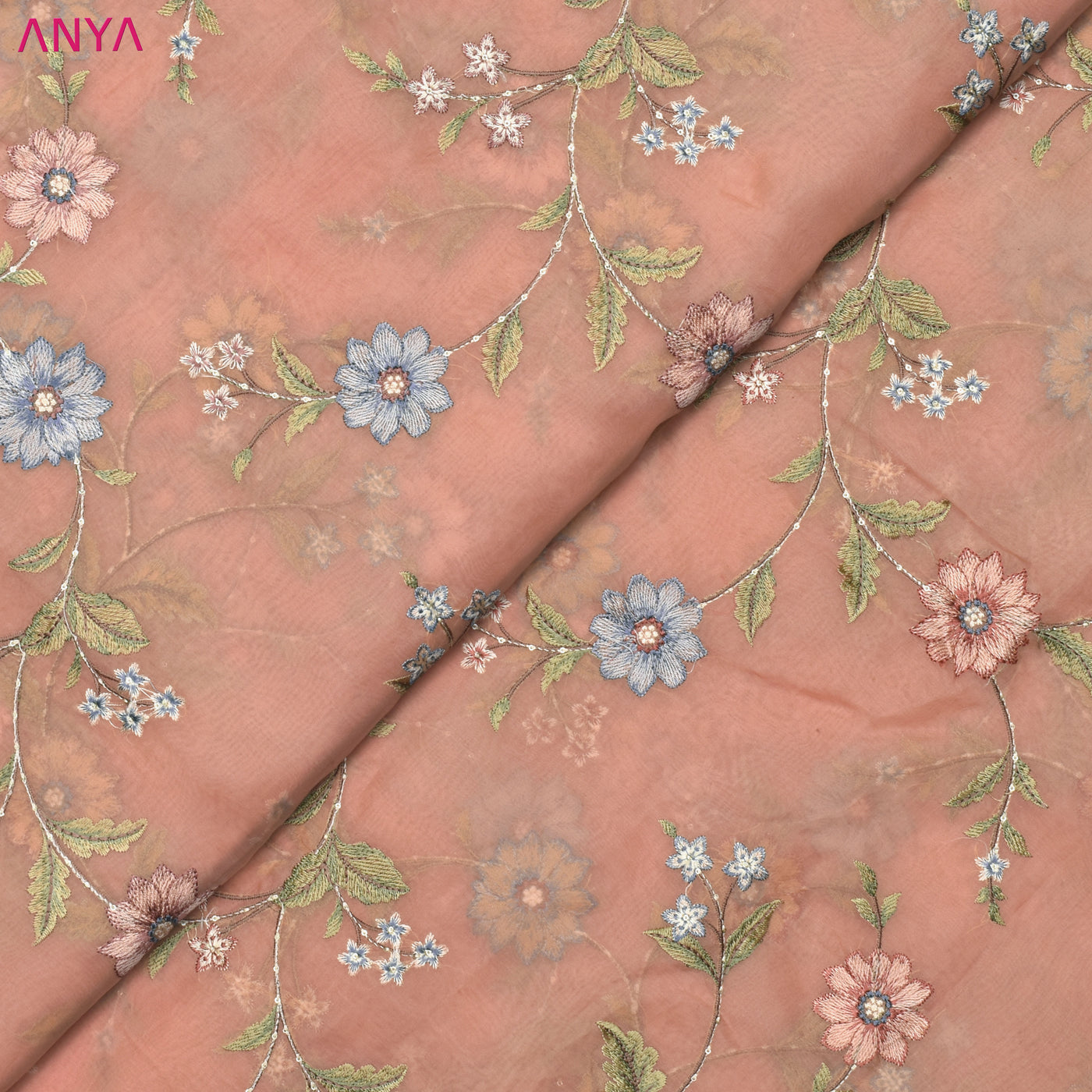 Peach Organza Fabric with Floral Embroidery Design