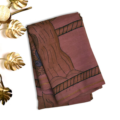 Onion Pink Pen Kalamkari Silk Saree with Elephant Design