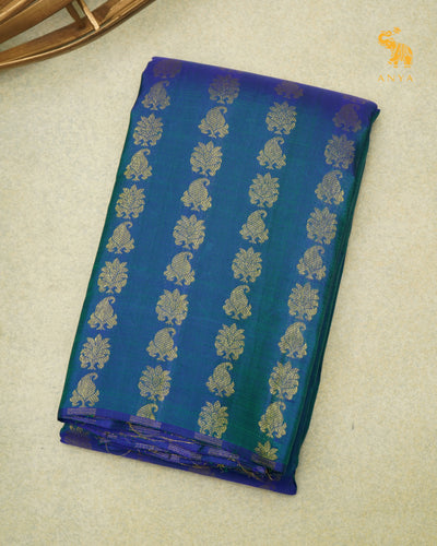 Peacock Blue Kanchi Silk Fabric with Zari Butta Design