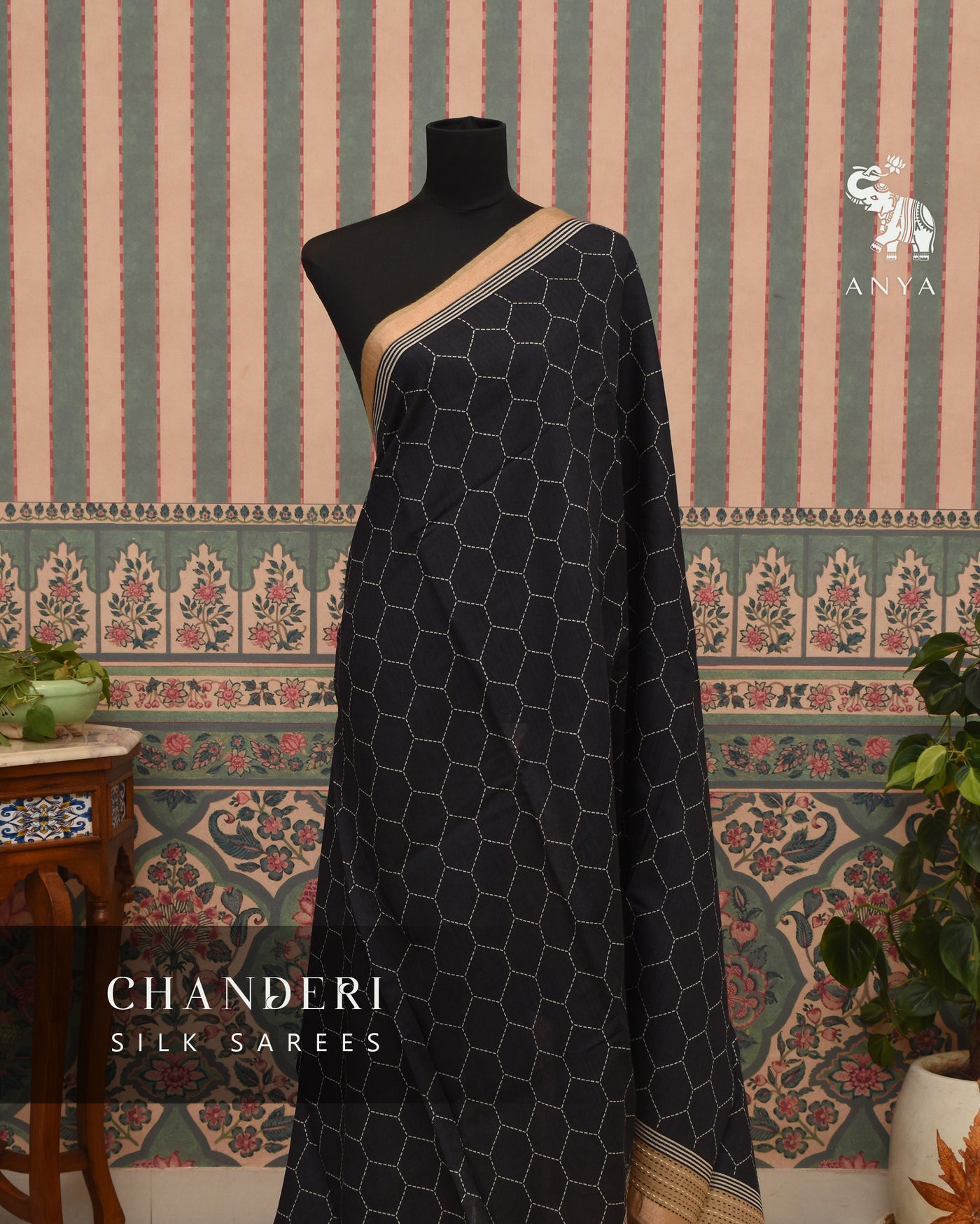 Black Chanderi Saree with Hexogan Print Design