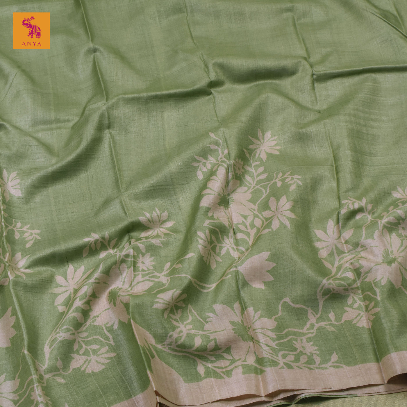 Apple Green Tussar Silk Saree with Floral Printed Design