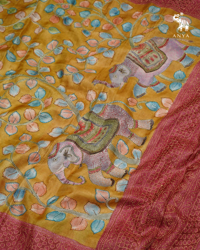 Oil Mustard Tussar Silk Saree with Kantha Work Design