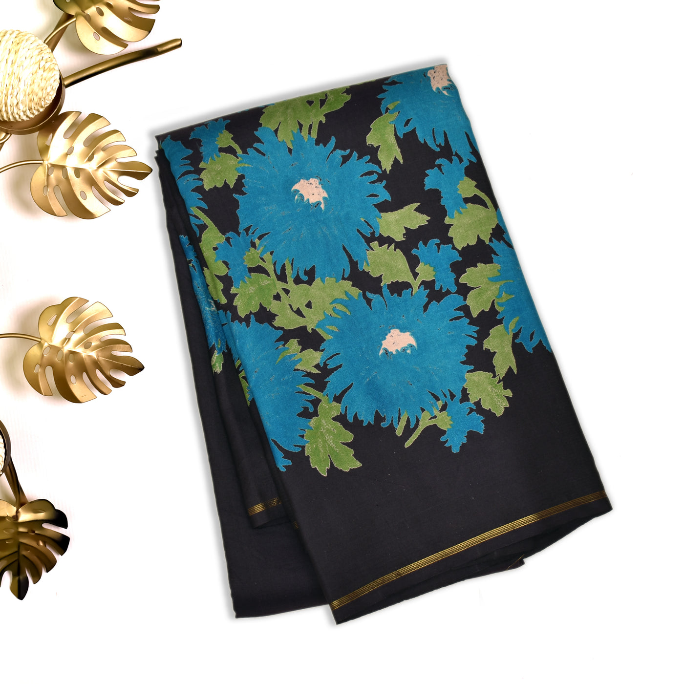 Black Printed Kanchi Silk Saree with Floral Printed Design