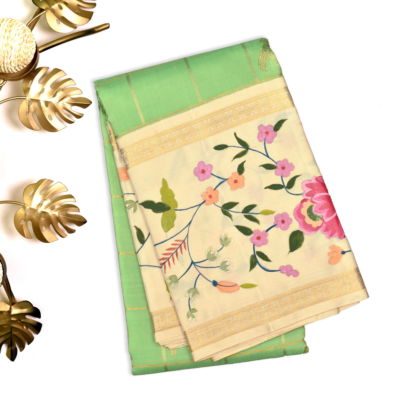 Pista Green Hand Painted Kanchi Silk Saree with Iruthalai Patchi Design