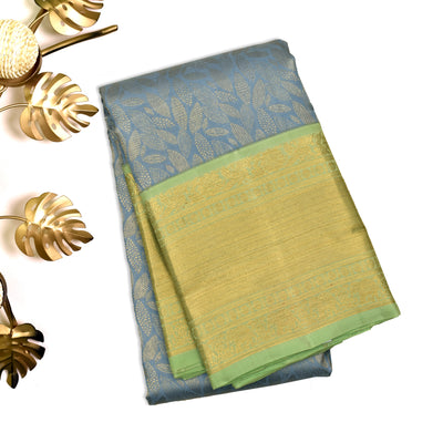 Bluish Grey Kanchipuram Silk Saree with Leaf Creeper Design