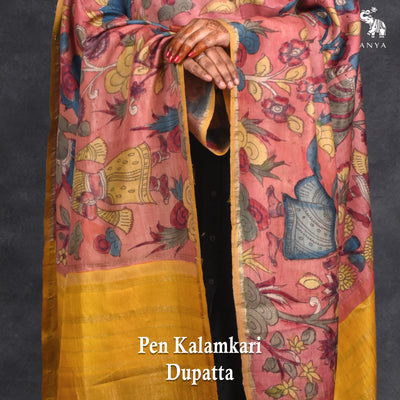 Rust Pen Kalamkari Kanchi Silk Dupatta with Mustard Seer Border Design