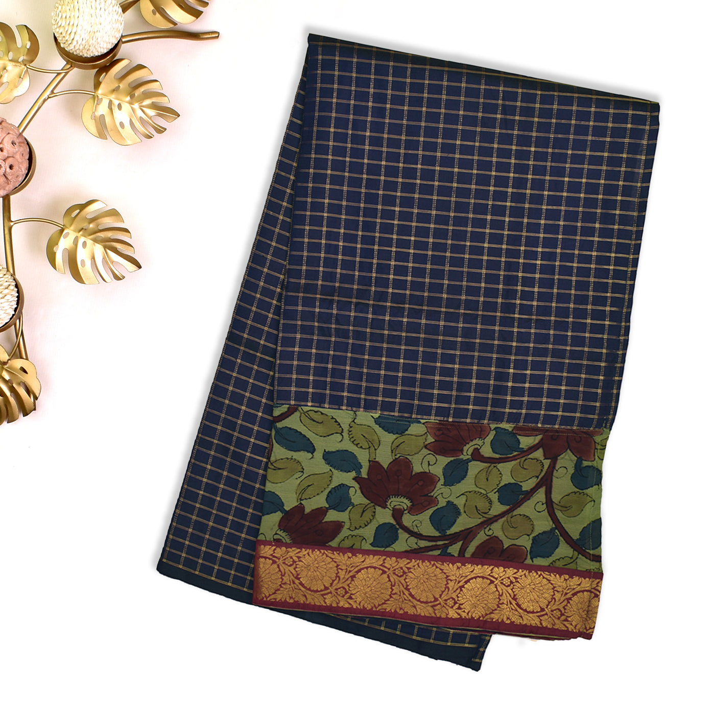 Navy Blue Zari Kattam Kanchi Silk Saree with Apple Green Kalamkari Border