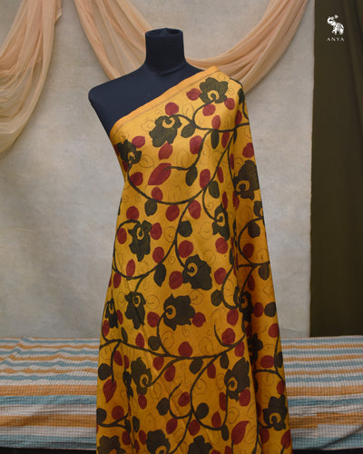 Mustard Pen Kalamkari Kanchi Silk Fabric