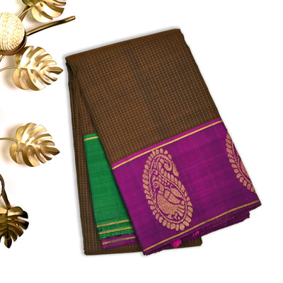 Brown Kanchipuram Silk Saree with Small Checks Design