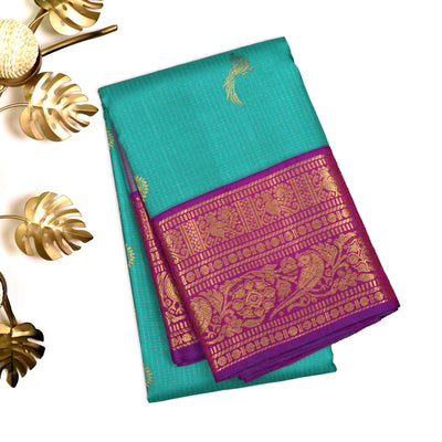 Blue Kanchipuram Silk Saree with Vairaoosi Zari Checks and Mayil Design