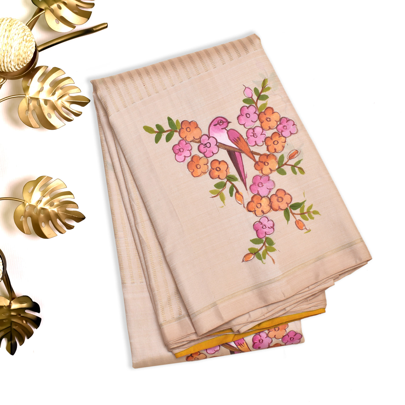 Off White Hand Painted Kanchi Silk Saree with Birds Floral Design