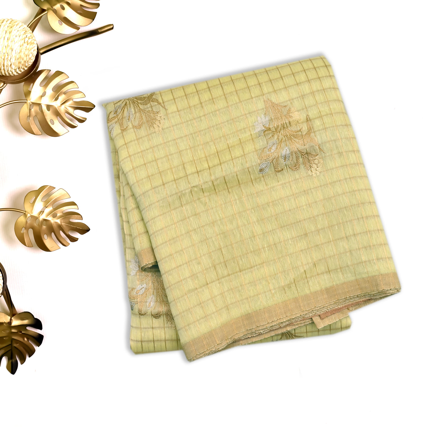 Pastel Yellow Banarasi Silk Saree with Zari Checks and Flower Butta Design