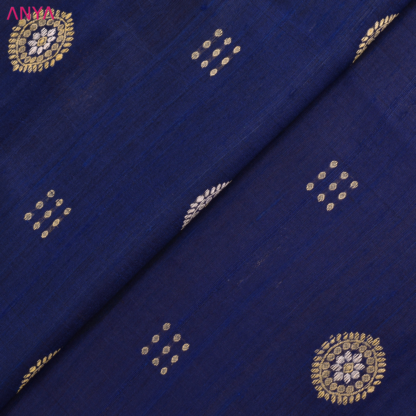 Navy Blue Tussar Raw Silk Fabric with Zari Butta Design