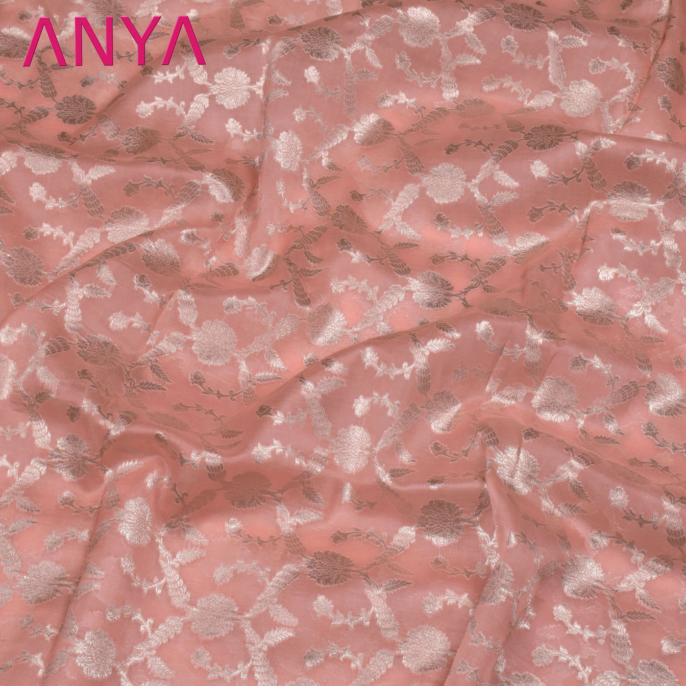 Peach Pink Organza Fabric with Creeper Design