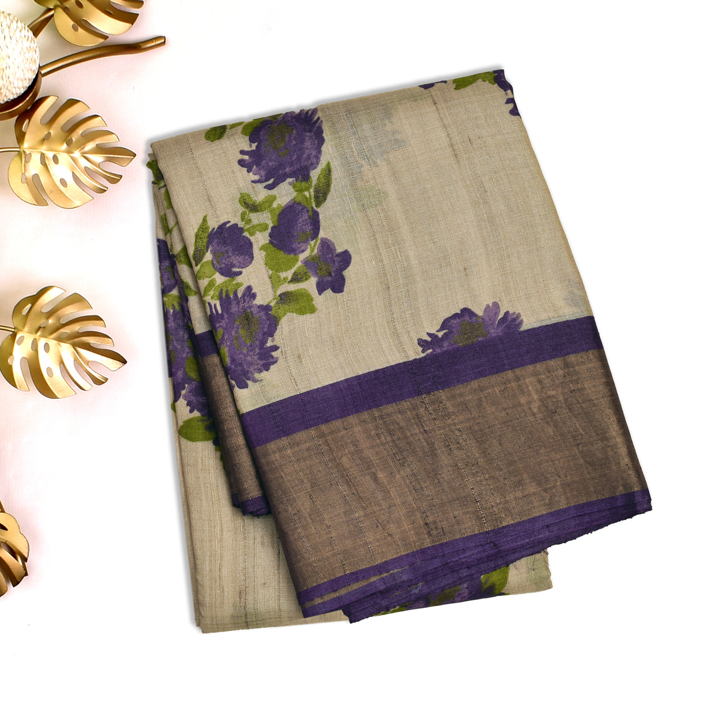 Off White Tussar Silk Saree with Floral Printed Design