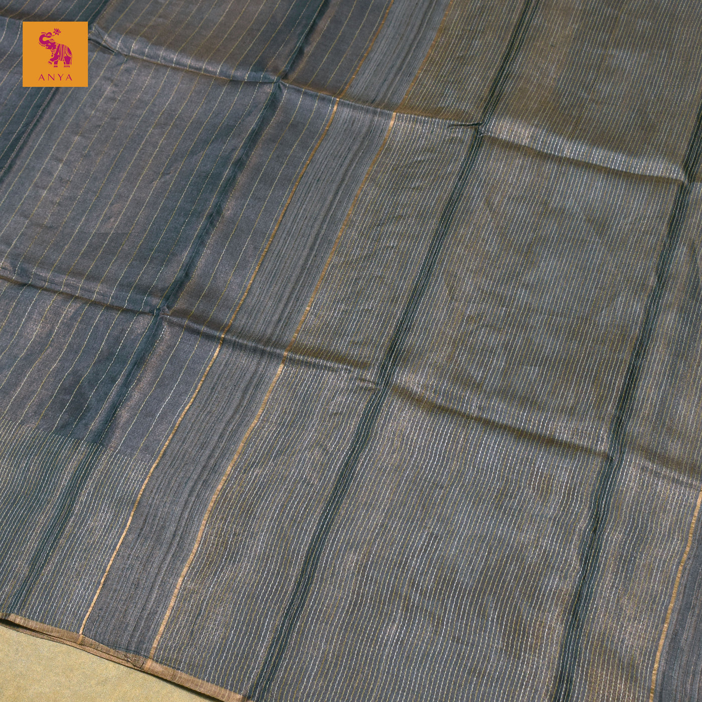 Grey Tussar Silk Saree with Horizontal Stripes Design