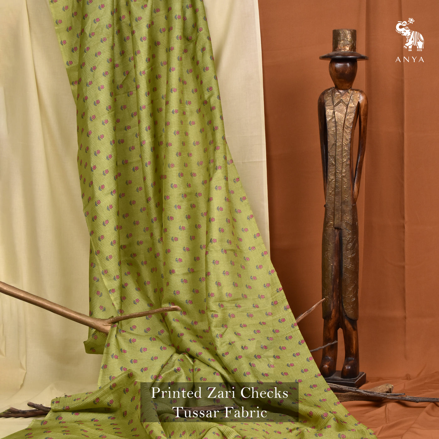 Samagha Green Tussar Silk Fabric with Floral Print Zari Checks Design