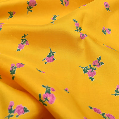 Mustard Yellow Kanchi Discharge Printed Silk Fabric with Small Flower Printed Design