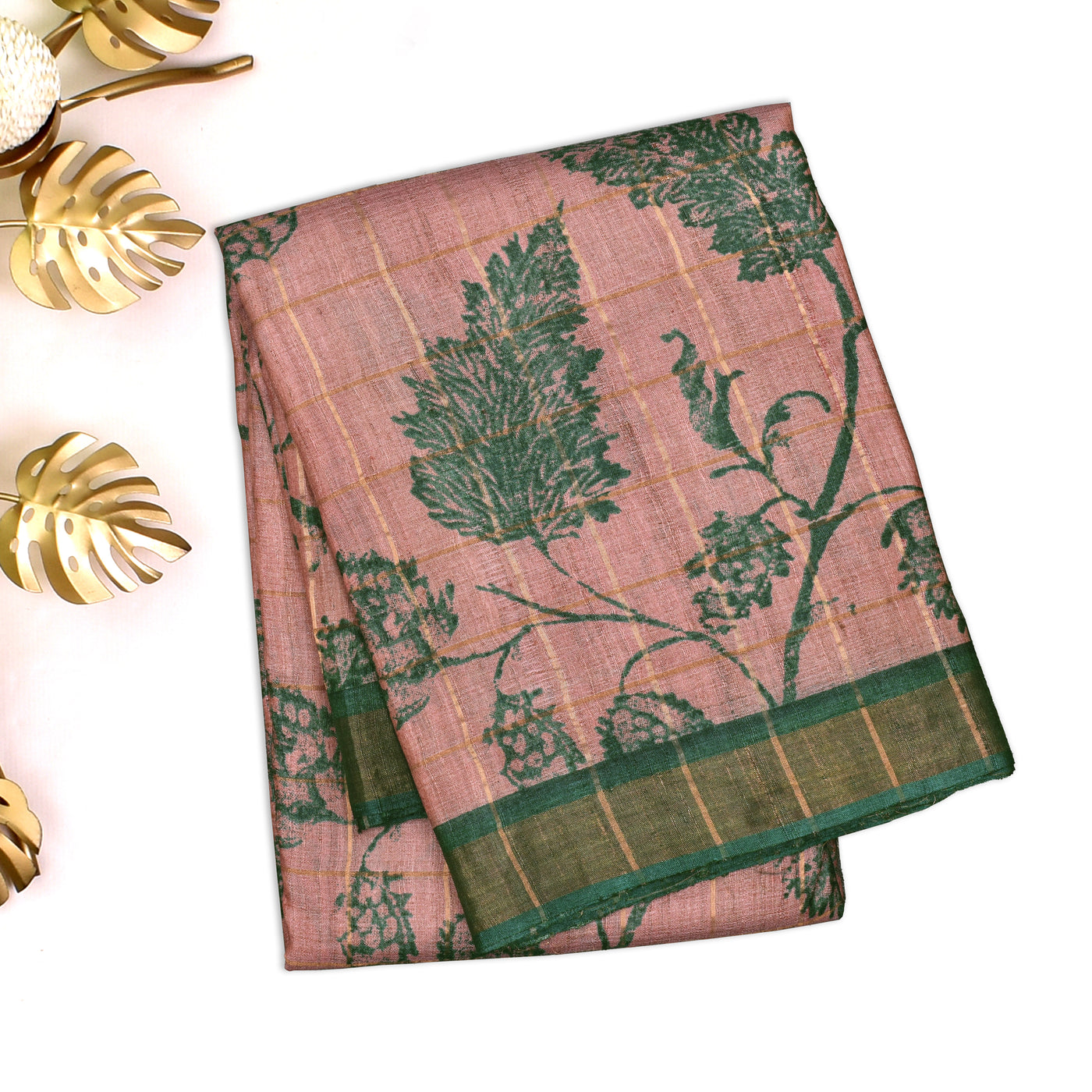 Onion Pink Tussar Silk Saree with Leaf Print and Zari Checks Design