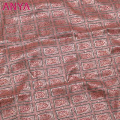 Peach Banarasi Silk Fabric with Square Zari Butta Design