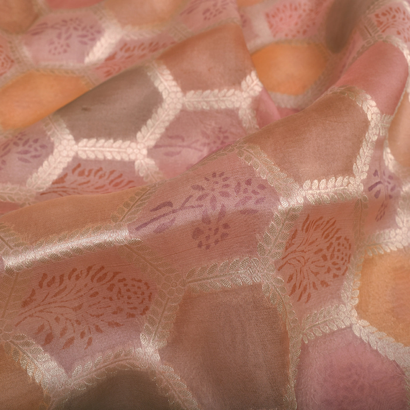 Baby Pink Organza Fabric with Diamond Leaf Design