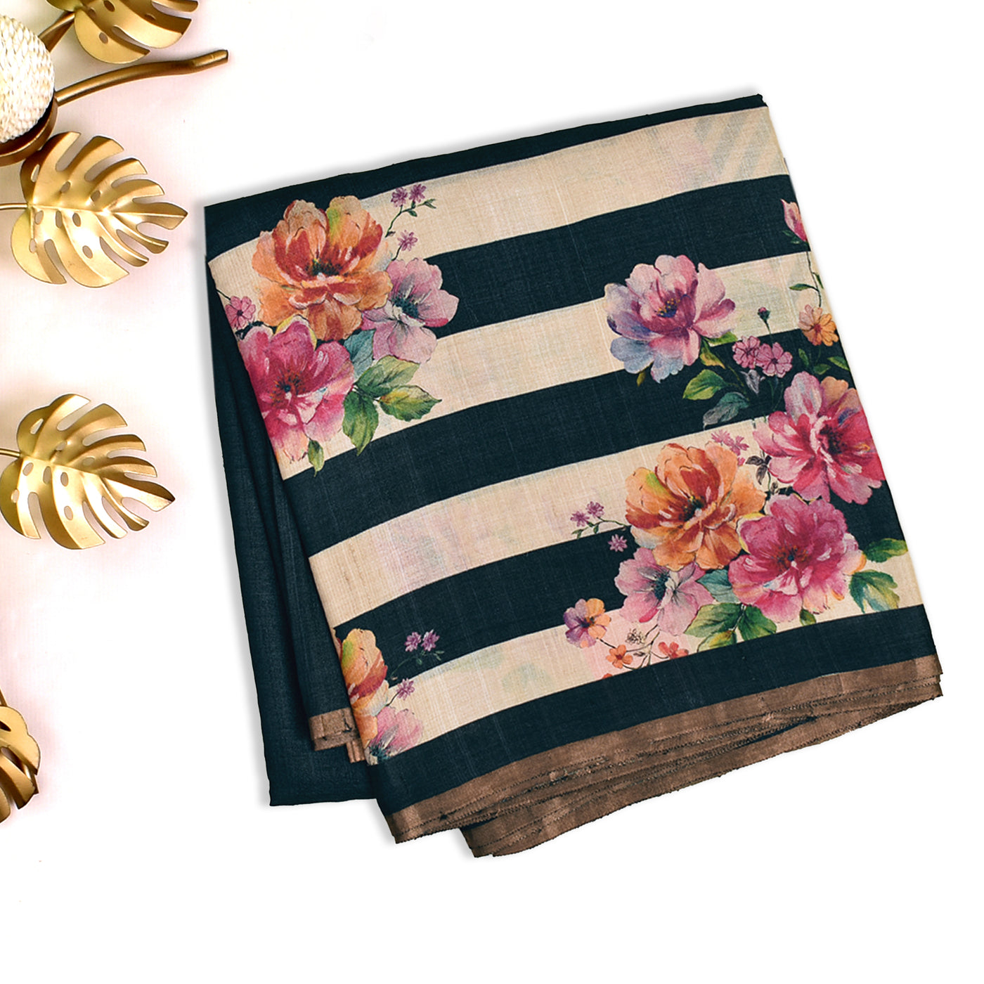 Off White and Black Tussar Silk Saree with Floral Printed Design