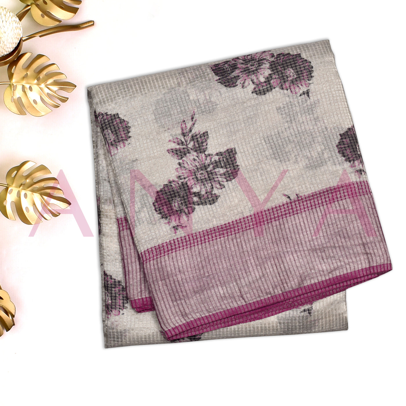 Off White Tussar Silk Saree with Floral Print and Zari Kattam Design