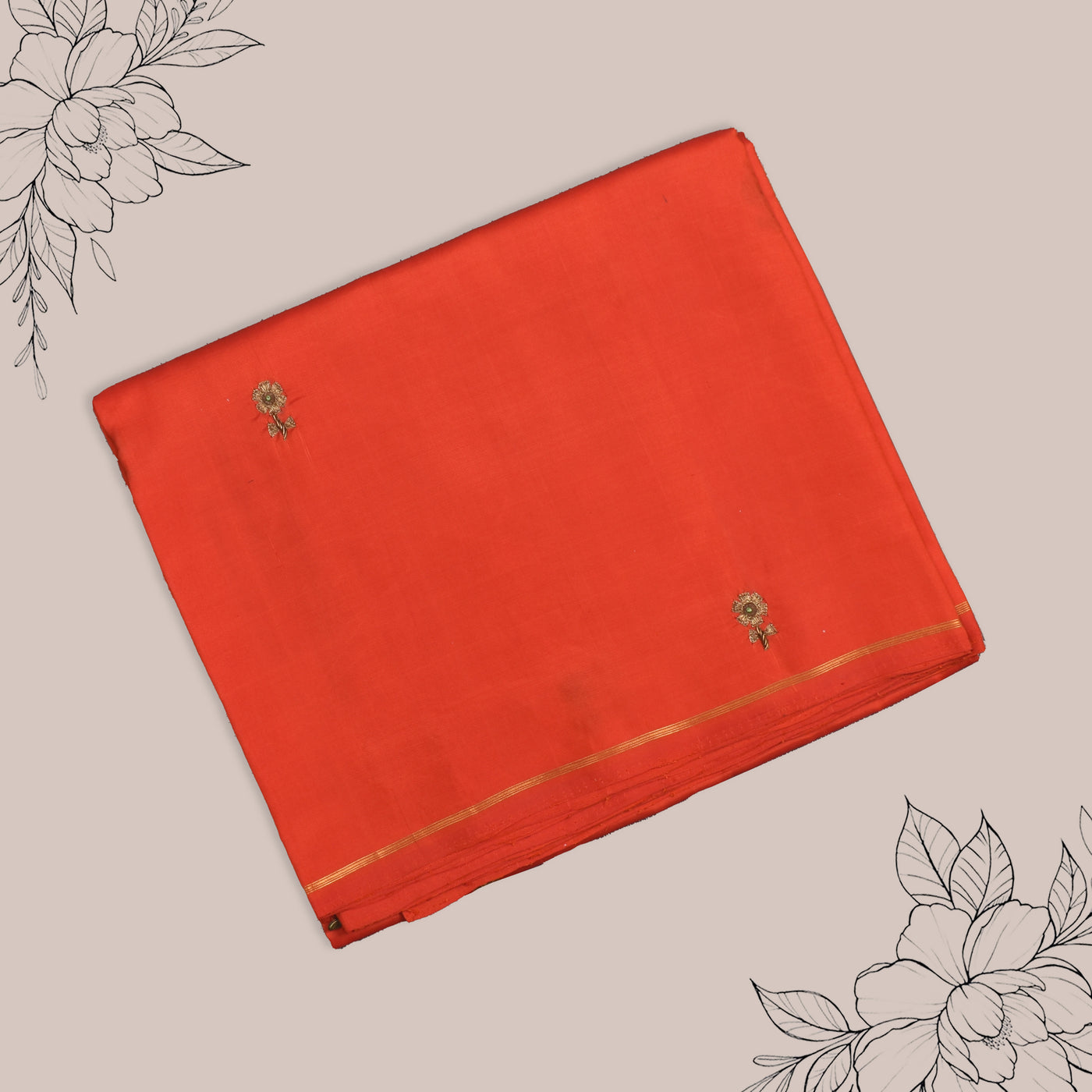 Orange Kanchi Silk Saree with Flower Embroidery Design