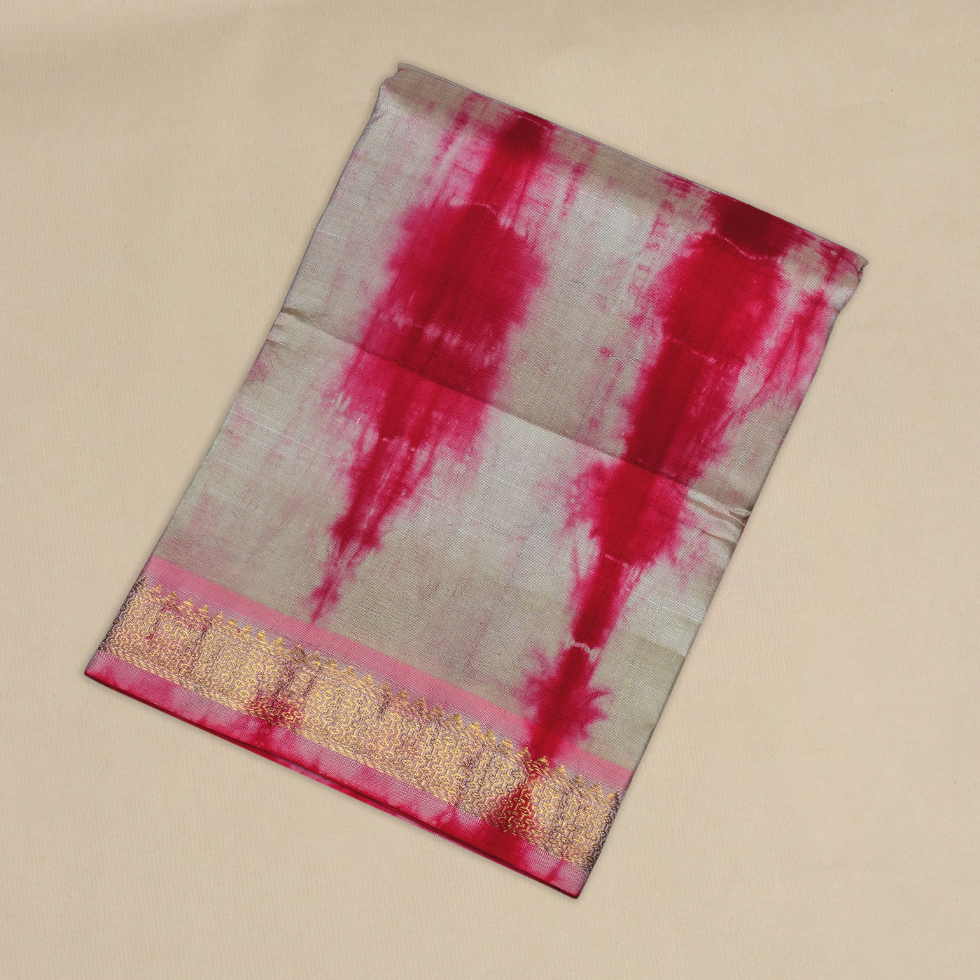 Off White with Pinkish Red Shibori Kanchi Silk Dhoti