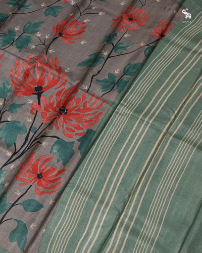 Grey Tussar Silk Saree with Floral Printed Design
