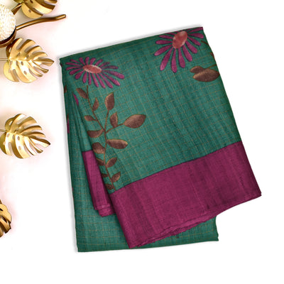 Green Tussar Silk Saree with Floral Zari Checks Design