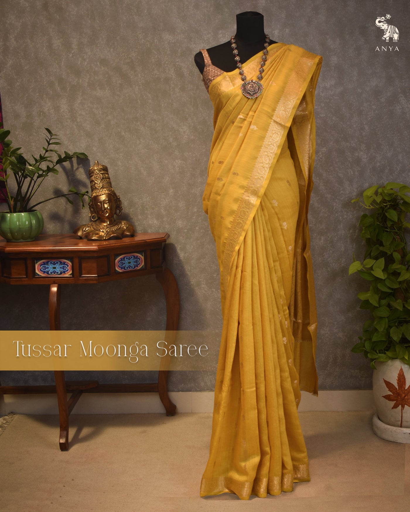 Mustard Tussar Moonga Saree with Zari Butta Design