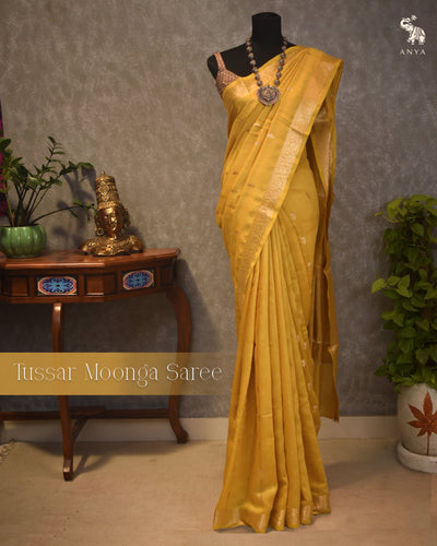 Mustard Tussar Moonga Saree with Zari Butta Design