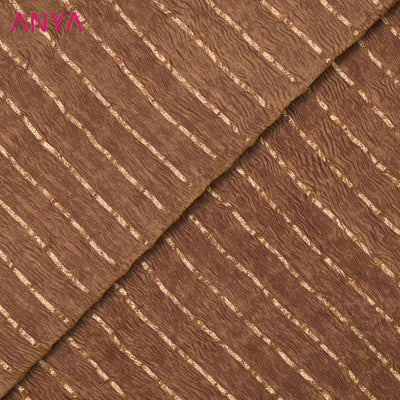 Brown Organza Crush Tissue Fabric with Golden Stripes Design